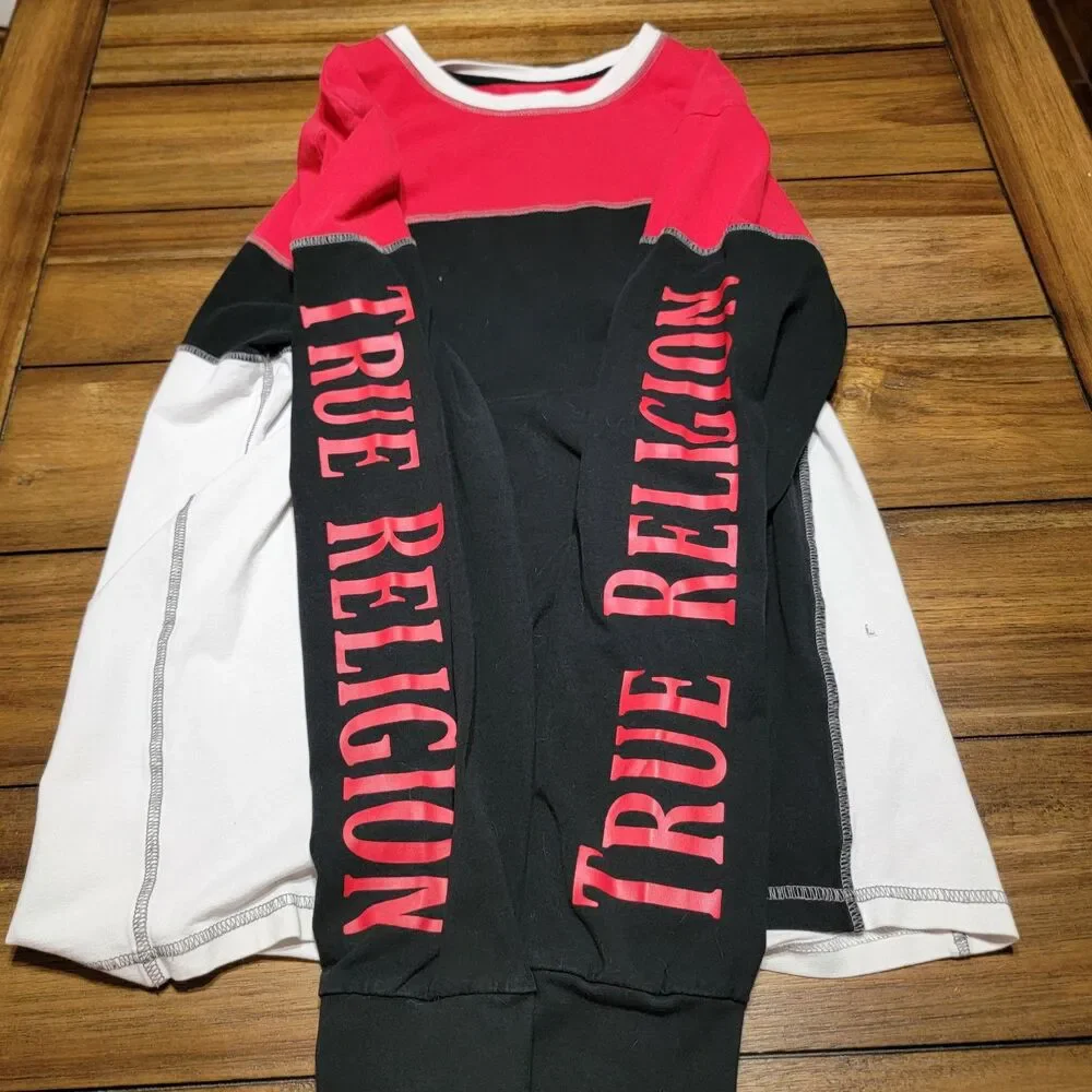 True Religion LS Red Black & White Unisex Rugby Crewneck - Size Large